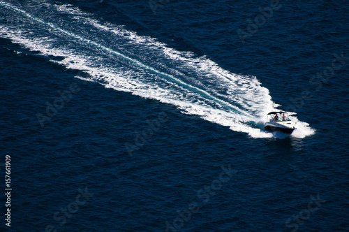 Amazing yacht view at Kornati archipelago of Croatia. Detail of boat at clear sea. © marekkijevsky