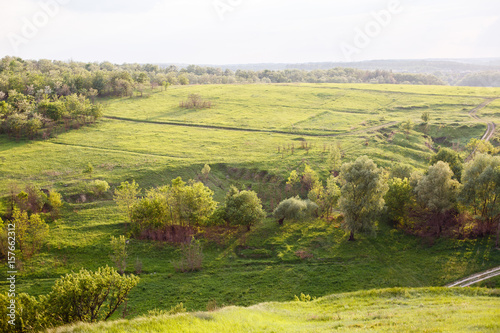 Fototapeta Naklejka Na Ścianę i Meble -  Summer or spring landscape with green hills or mountains and trees