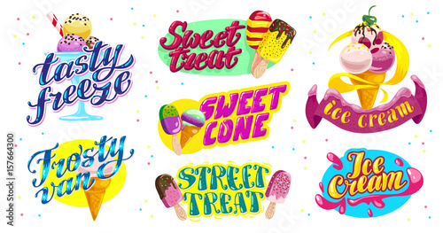 Vector flat collection of ice cream logo design isolated. Cartoon style.
