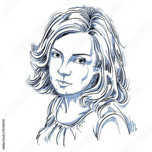 Graphic vector hand-drawn illustration of white skin attractive melancholic lady with stylish haircut. People face expressions. Sad and dreamy girl.