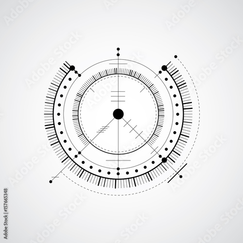 Technical blueprint, black and white vector digital background with geometric design elements, circles. Illustration of engineering system, abstract technological backdrop.