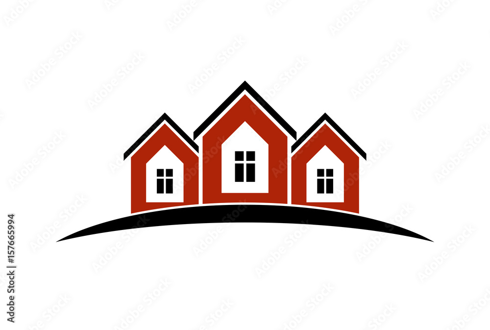 Colorful holiday houses vector illustration, home image with horizon line. Touristic and real estate creative emblem, cottages front view.