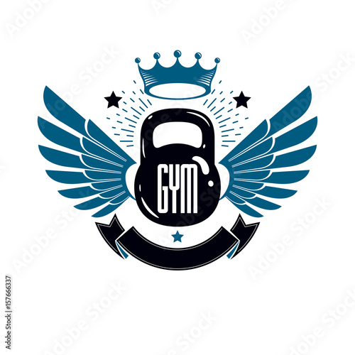 Bodybuilding weightlifting gym logotype sport template, retro style vector emblem with wings. With kettlebell.