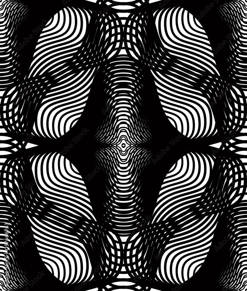Vector monochrome stripy illusive endless pattern, art continuous geometric background with graphic lines and geometric figures. Kaleidoscope illustration.