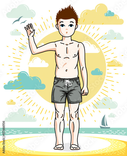 Cute little boy child standing wearing fashionable beach shorts. Vector beautiful human illustration. Fashion theme clipart.