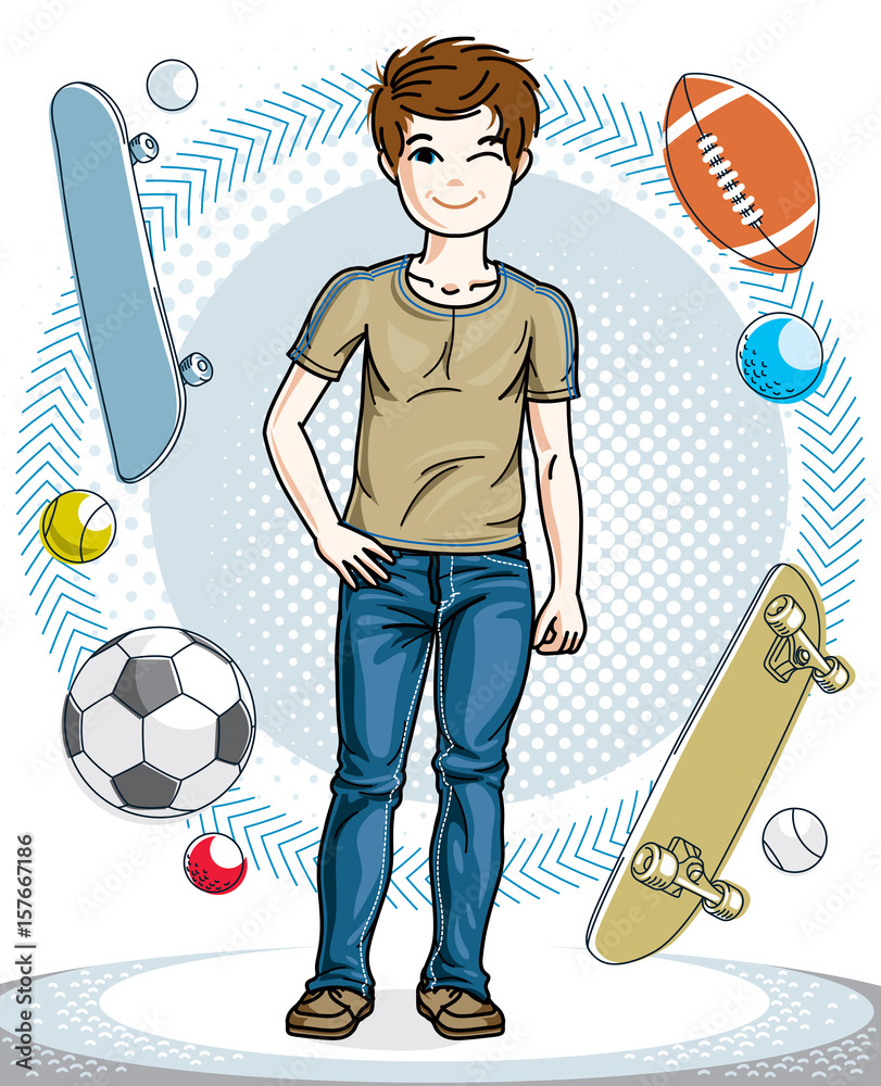 Sweet little boy young teen standing in stylish casual clothes. Vector