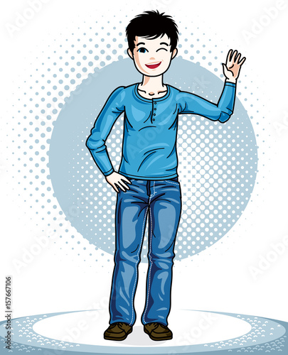 Sweet little boy young teen standing wearing fashionable casual clothes. Vector kid illustration. Childhood lifestyle cartoon.