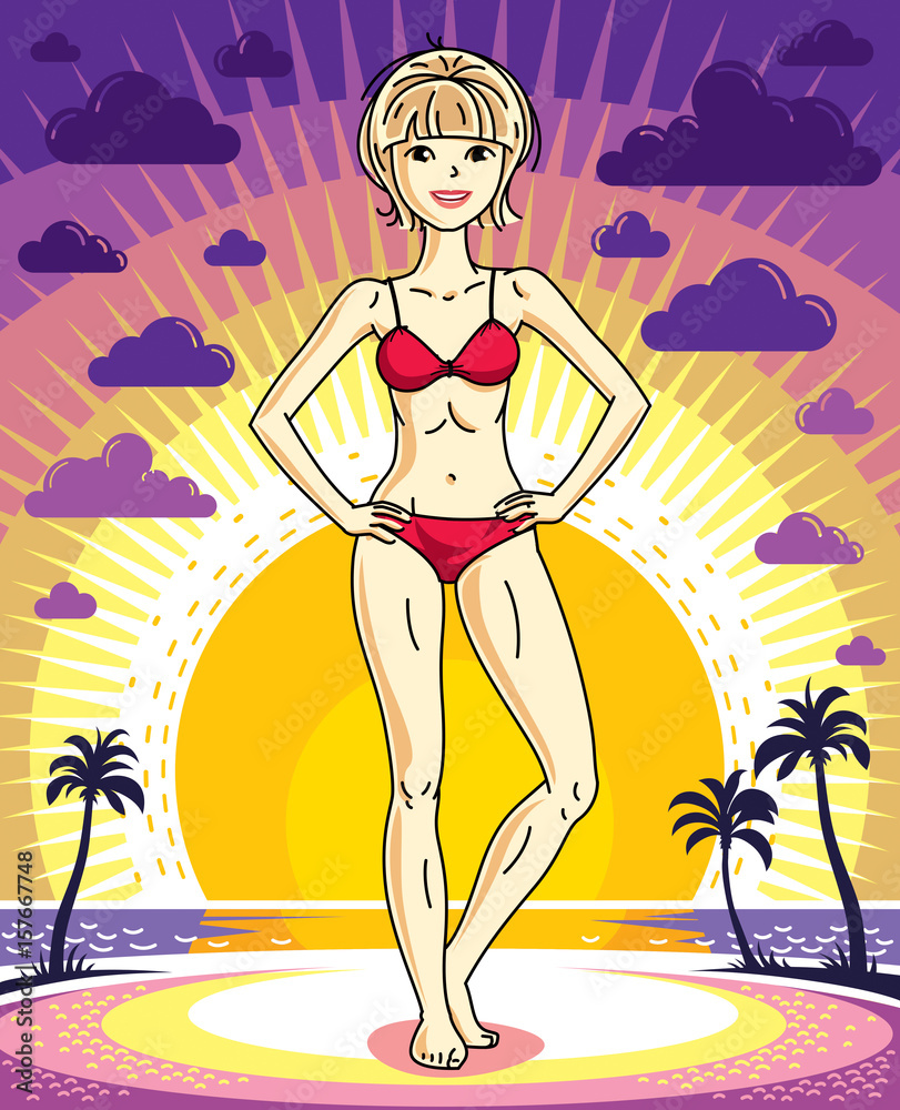 Attractive young blonde woman standing on sunset landscape with palms and wearing red bathing suit. Vector human illustration.