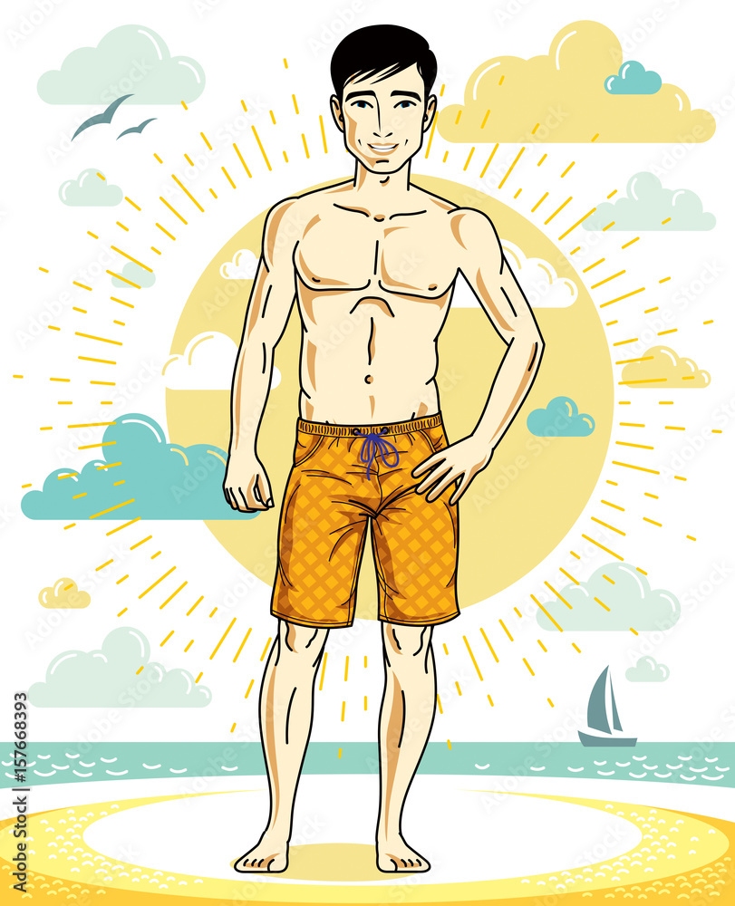 Handsome man posing on tropical beach in colorful shorts. Vector character. Summer holidays theme.