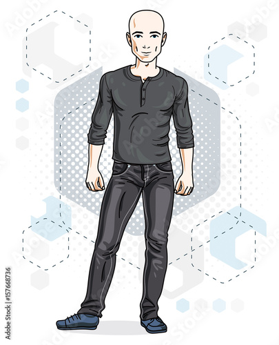Confident handsome hairless young man standing. Vector illustration of male wearing casual clothes, jeans pants and sweathirt.