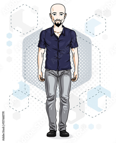 Confident handsome hairless young man standing. Vector illustration of male with beard and whiskers wearing casual clothes, jeans pants.