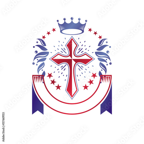 Cross of Christianity graphic emblem. Heraldic vector design element. Retro style label, heraldry logo, religious insignia decorated with luxury ribbon and monarch crown.