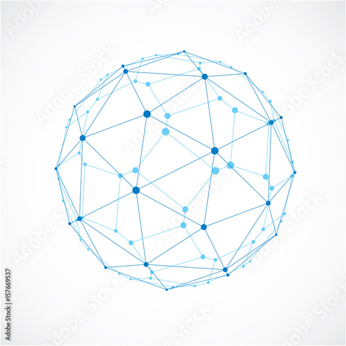 3d vector low poly spherical object with black connected lines and dots, geometric blue wireframe shape. Perspective facet ball created with squares and pentagons.