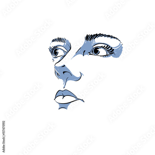 Black and white illustration of lady face, delicate visage features. Eyes and lips of peaceful  woman expressing positive emotions.