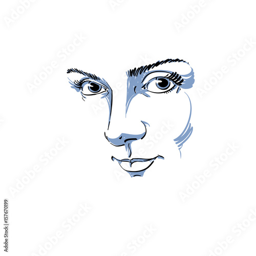 Black and white illustration of lady face, delicate visage features. Eyes and lips of delicate romantic woman expressing positive emotions.