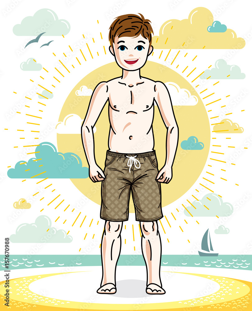Pretty child boy standing in colorful stylish beach shorts. Vector attractive kid illustration. Childhood lifestyle cartoon.