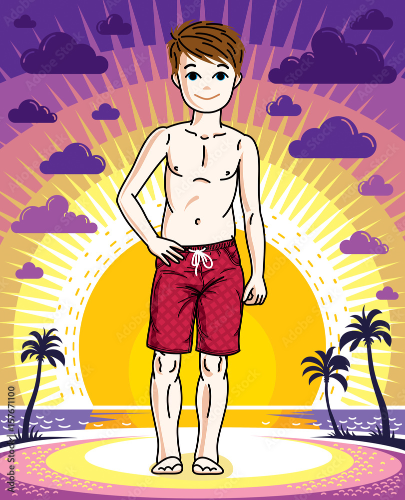Pretty child boy standing wearing fashionable beach shorts. Vector beautiful human illustration. Fashion theme clipart.