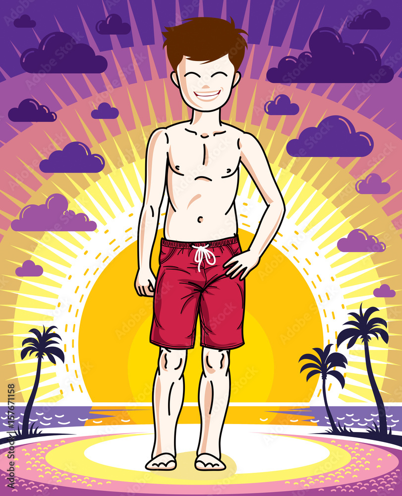 Pretty child boy standing wearing fashionable beach shorts. Vector human illustration. Fashion and lifestyle theme cartoon.