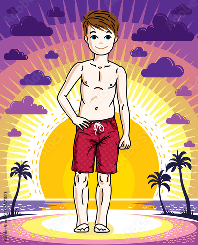 Pretty child boy standing wearing fashionable beach shorts. Vector beautiful human illustration. Fashion theme clipart.