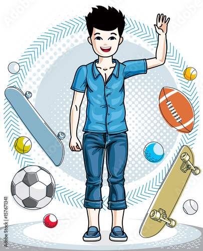 Child young teen boy cute standing in stylish casual clothes. Vector pretty nice human illustration. Childhood lifestyle cartoon.