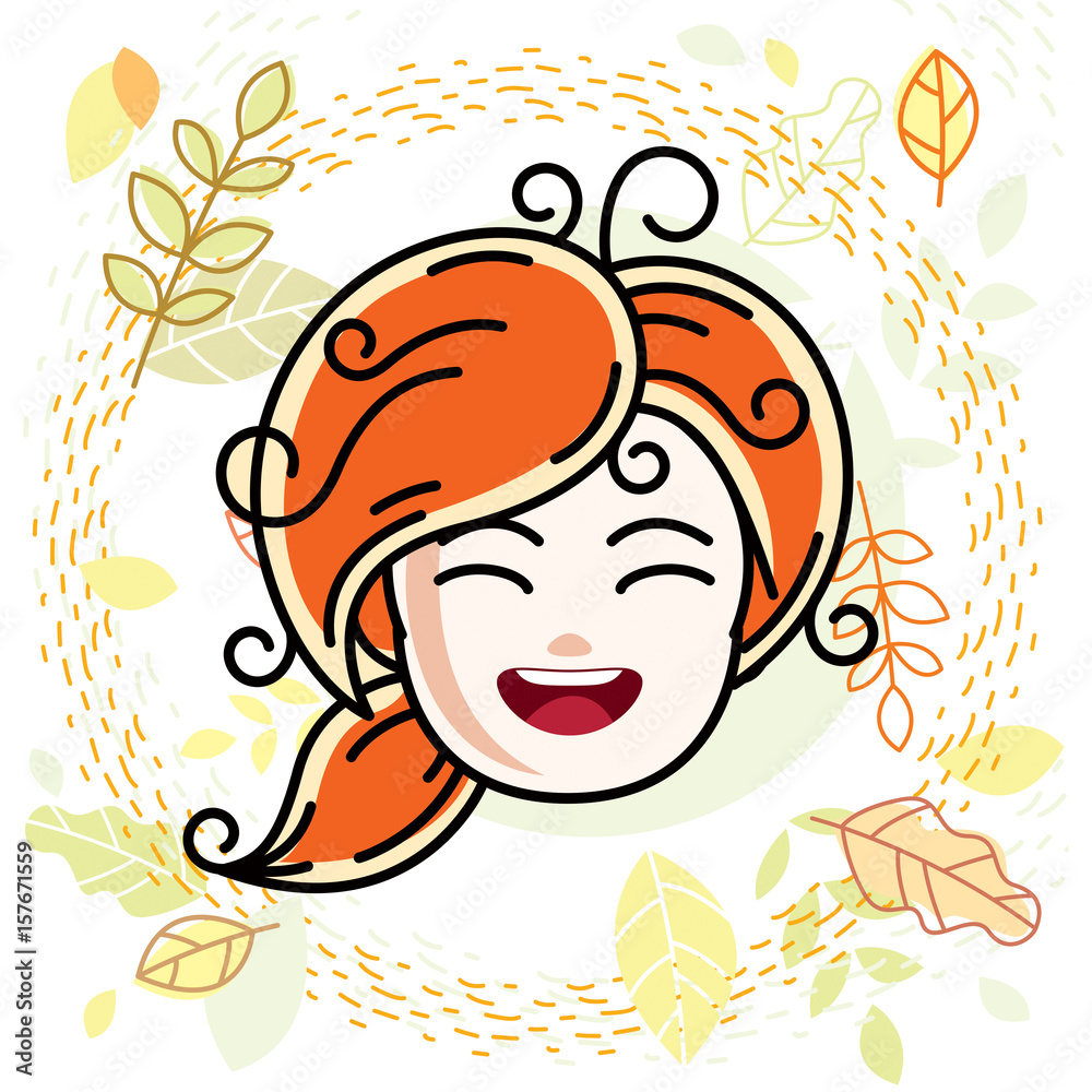 Cute girls face, human head. Vector redhead character, smiling girl face features. Cute girls face, human head. Vector redhead character, smiling girl face features.