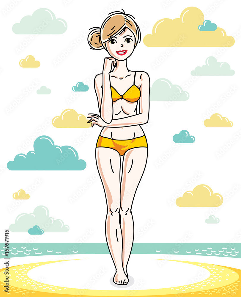 Happy pretty young blonde woman standing on tropical beach and wearing swimming suit. Vector character. Summer holidays theme.