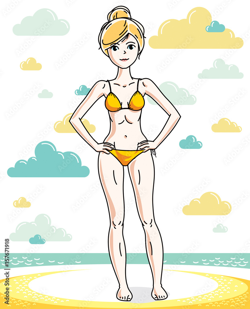 Happy pretty young blonde woman standing on tropical beach and wearing swimming suit. Vector character. Summer holidays theme.