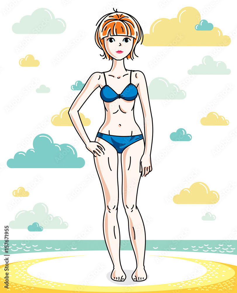 Attractive young redhead woman standing on tropical beach and wearing blue bathing suit. Vector human illustration. Summer vacation theme.