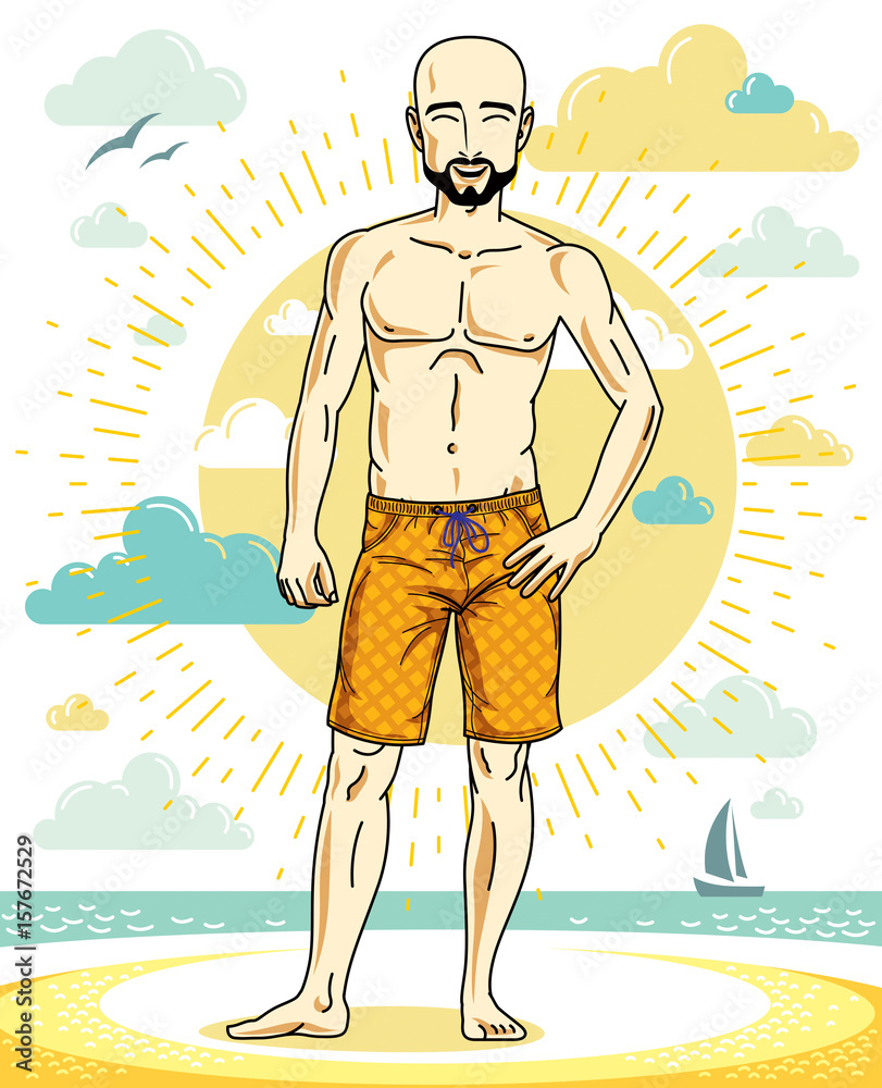 Handsome bald adult man with stylish beard standing on tropical beach in bright shorts. Vector nice and sporty man illustration. Summertime theme clipart.