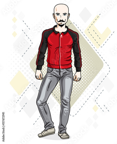 Handsome hairless young man poses on modern background. Vector illustration of male with beard and mustaches. Lifestyle theme clipart.