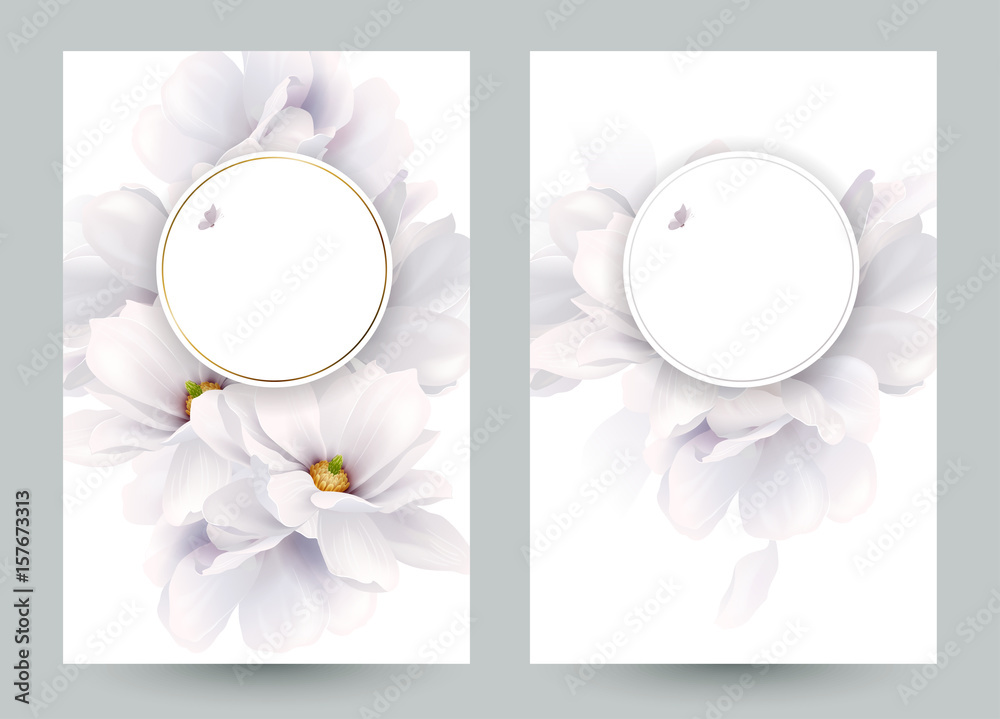 Naklejka premium Set of two invitation or congratulation cards with elegant flower composition. Blooming white magnolias formed composition on the white backgrounds.