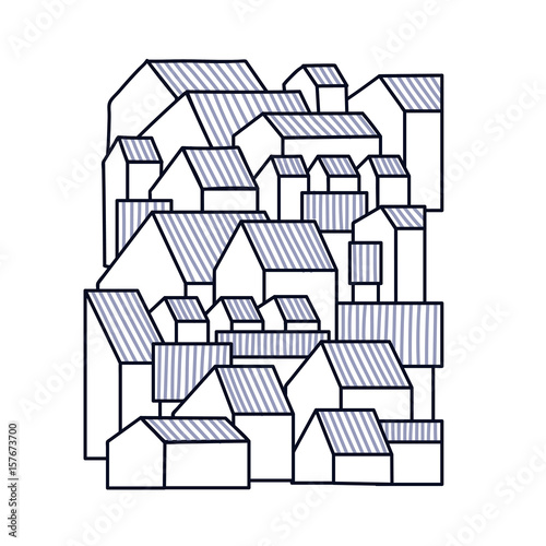 Unusual background with little town or village. Gable residential houses.