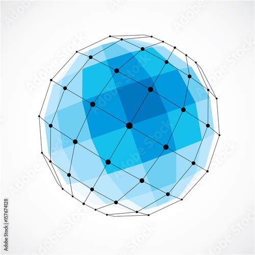 Abstract vector low poly object with black lines and dots connected. Blue 3d futuristic globe with overlapping lines mesh and squares.