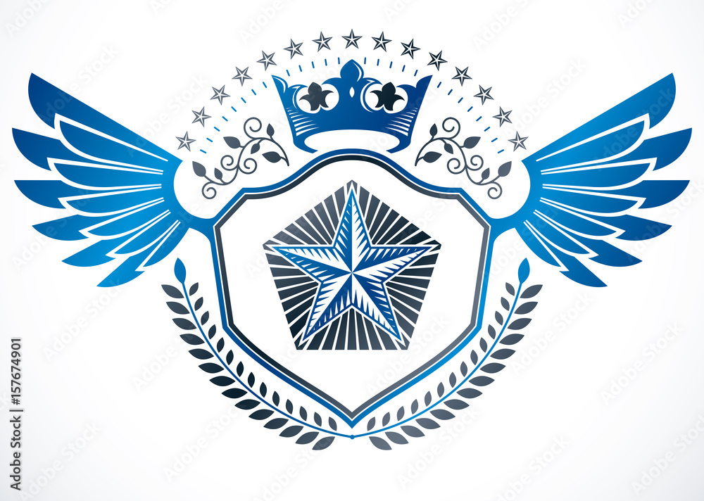Obraz premium Heraldic sign made using vector elements, heraldry insignia created using monarch crown, pentagonal stars and laurel wreath