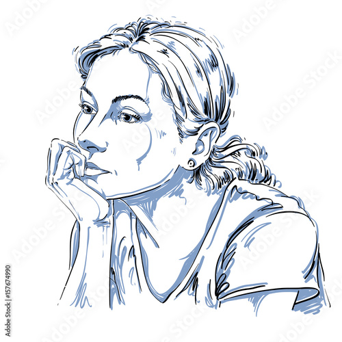 Artistic hand-drawn vector image, black and white portrait of delicate melancholic peaceful girl. Emotions theme illustration. Cute girl thinking about something.