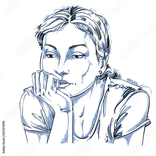 Hand-drawn vector illustration of beautiful romantic and pensive woman thinking about something sad. Monochrome image, expressions on face of young lady.