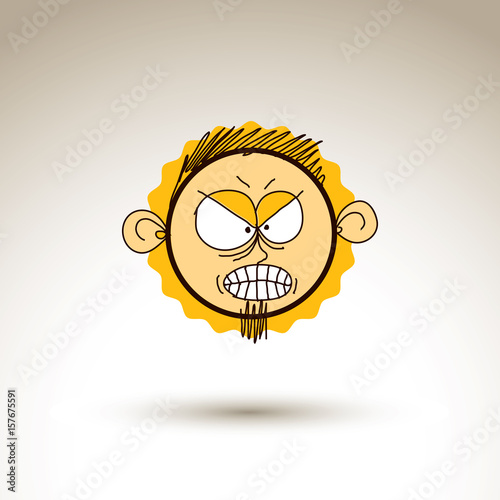 Vector graphic drawing of angry person face, bizarre male portrait. Social network theme illustration, human emotions idea.
