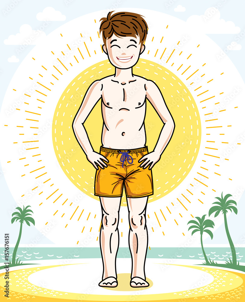 Little boy cute child standing in colorful stylish beach shorts. Vector kid illustration. Fashion theme clipart.