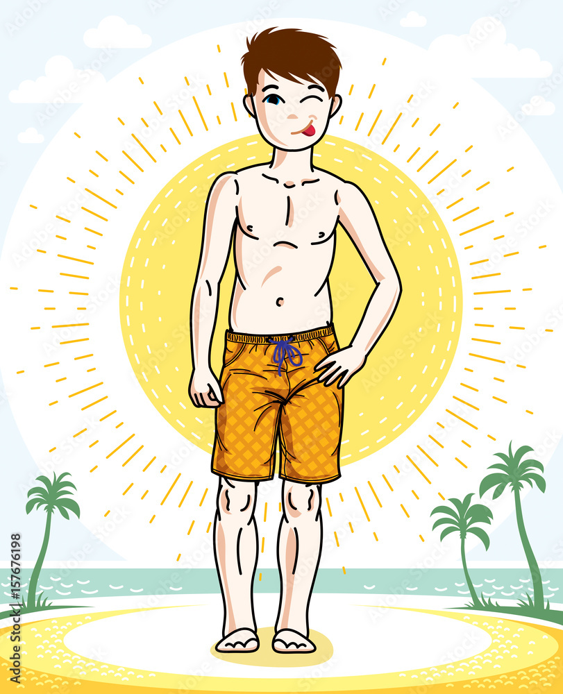 Little boy cute child standing wearing fashionable beach shorts. Vector human illustration. Fashion and lifestyle theme cartoon.