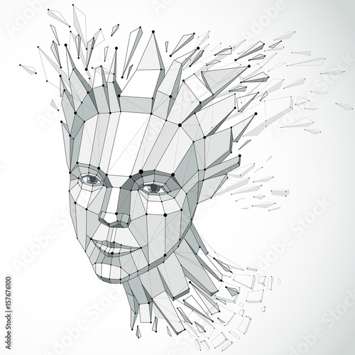3d vector portrait created with lines mesh. Intelligence allegory, Grayscale low poly face with splinters which fall apart, head exploding with ideas, thoughts and imagination.