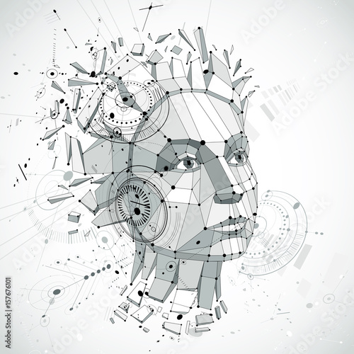 Communication technology 3d vector background made with engineering draft elements and mechanism parts, science subject. Low poly illustration of human head full of thoughts, intelligence allegory.