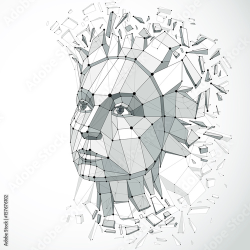 Vector dimensional low poly female portrait with lines mesh, graphic illustration of human head broken into fragments. 3d demolished wireframe object created with fractures and different particles.