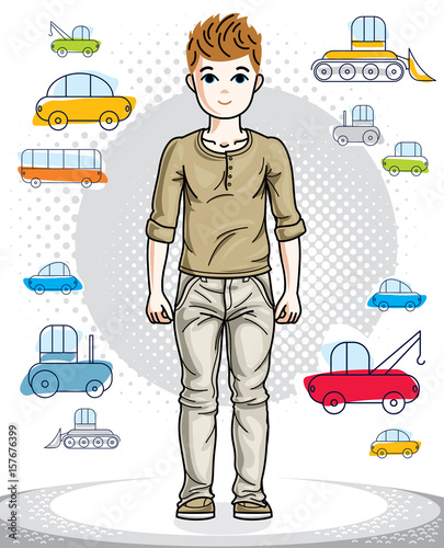 Teen cute little boy standing in stylish casual clothes. Vector kid illustration. Fashion theme clipart. Childhood lifestyle cartoon.