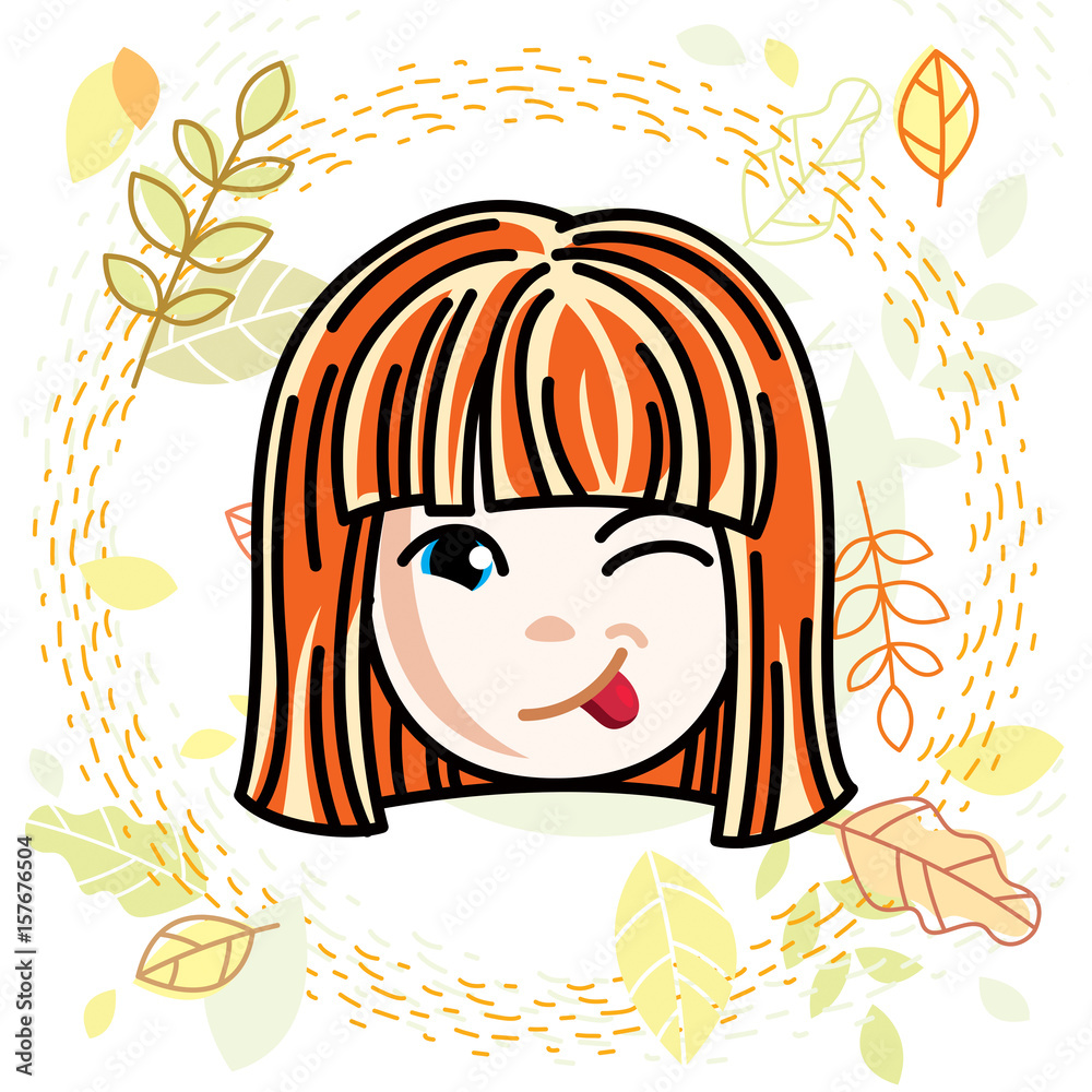 Vector illustration of beautiful red-haired happy girl face, positive face features, clipart. Teenager winking and making funny grimace. Vector illustration of beautiful red-haired happy girl face, positive face features, clipart. Teenager winking and making funny grimace.
