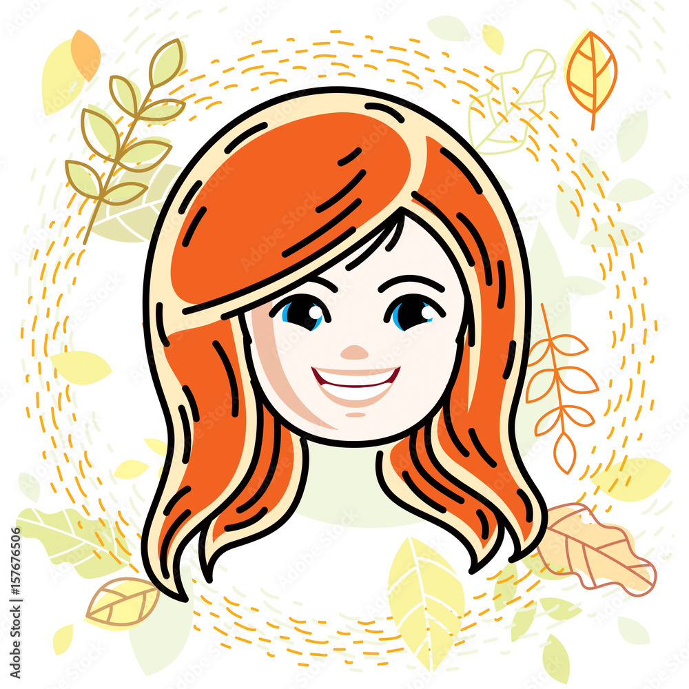 Cute girls face, human head. Vector redhead character, smiling girl face features. Cute girls face, human head. Vector redhead character, smiling girl face features.