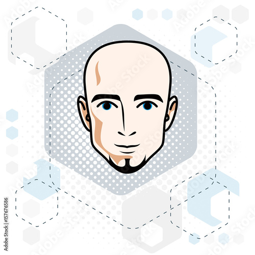 Caucasian man face, vector human head illustration. Attractive hairless male with beard, hipster