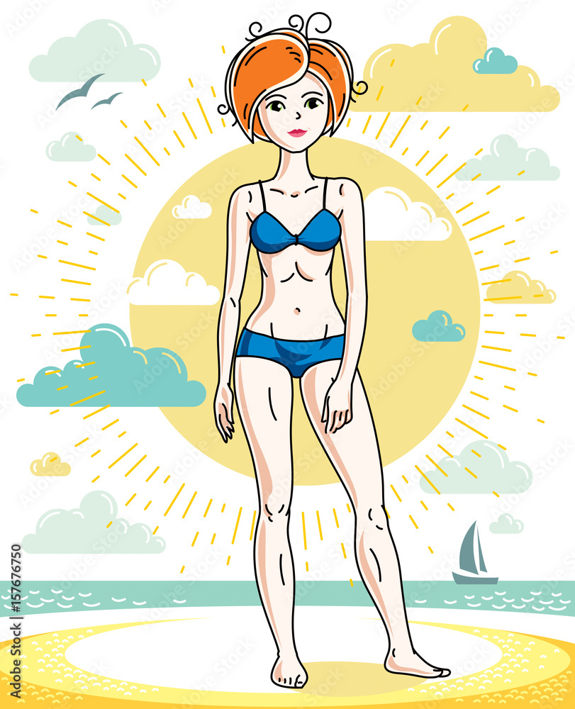 Attractive young red-haired woman posing on tropical beach and wearing blue bikini. Vector nice lady illustration. Summertime theme clipart.