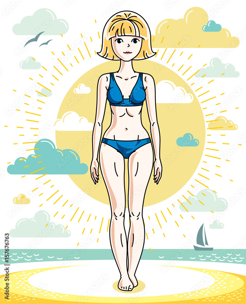 Attractive young blonde woman standing on tropical beach and wearing blue bathing suit. Vector human illustration. Summer vacation theme.