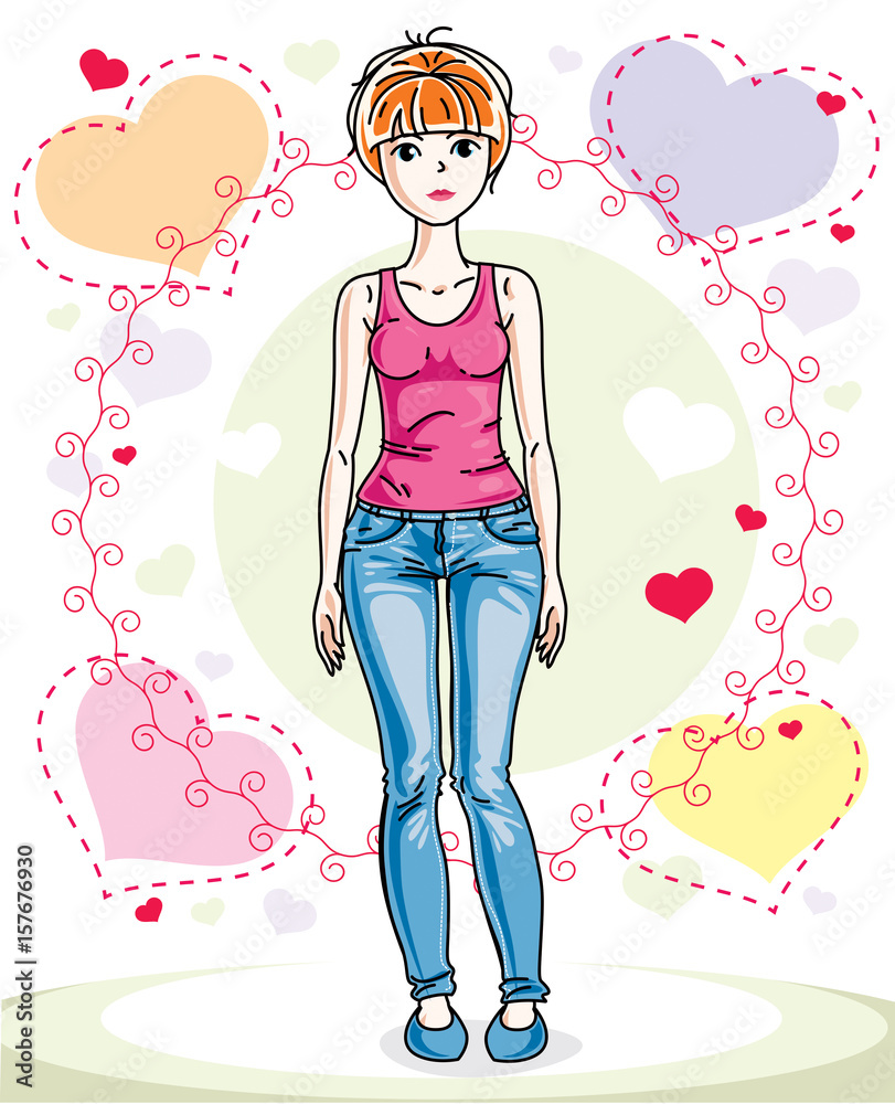 Young beautiful redhead woman posing on bright background with loving hearts and wearing casual clothes. Vector attractive female illustration. Valentine day theme cartoon. Young beautiful redhead woman posing on bright background with loving hearts and wearing casual clothes. Vector attractive female illustration. Valentine day theme cartoon.