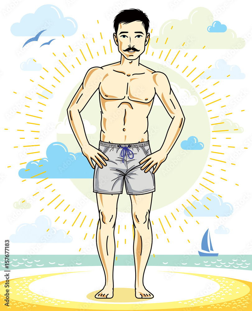 Handsome man with whiskers standing on tropical beach and wearing beachwear shorts. Vector human illustration. Summer vacation theme.